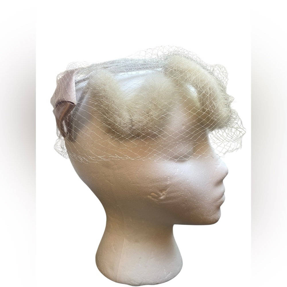 Vintage White Mink Fur Star Crown Big Bow Hat Mauve Satin Bow